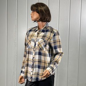 *Faded Glory Women's Tan & Blue Plaid Button Up Top Size M